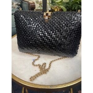 Vintage Rodo Italy Black Lacquered rattan wicker clutch purse Leather Lined